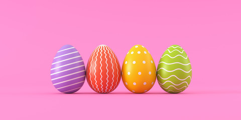 Set of easter eggs on a pink background. 3d render illustration.