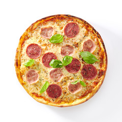 Pizza with Ham, Salami and Italian Herbs Isolated