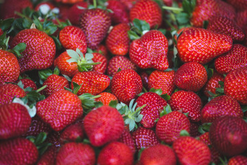 Ripe juicy strawberries on the counter of the Turkish market.