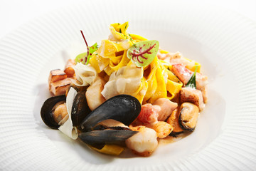 Tagliatelle pasta with seafood closeup view
