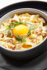 Baked carbonara closeup view