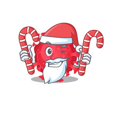 Friendly coronavirus substance in Santa Cartoon character having candies