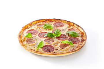 Pizza with Ham, Salami and Italian Herbs Isolated