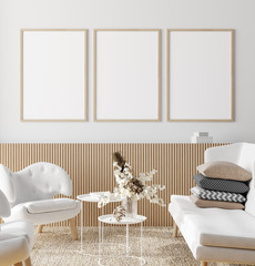 Mock up poster frame in living room interior. Interior Scandinavian style. 3d render