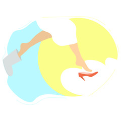 The girl changes shoes from warm boots to summer shoes. Spring-summer change of seasons. New summer shoe collection