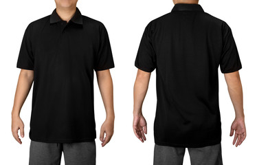 Black blank polo t shirt on a young man isolated on white background. Front and back view with...