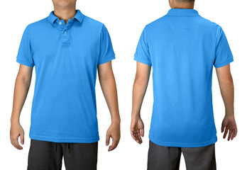 Blue blank polo t shirt on a young man isolated on white background. Front and back view.