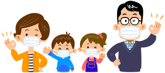 マスクをつけた４人家族　上半身