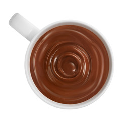 Chocolate swirl in a cup of coffee top view isolated on white