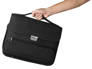 Hand holding black briefcase isolated on white