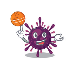 A sporty coronavirus kidney failure cartoon mascot design playing basketball