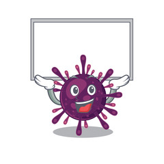 Happy cartoon character of coronavirus kidney failure raised up board
