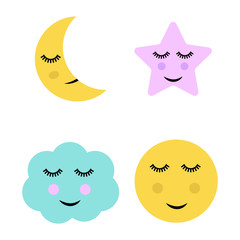 Cute cartoon moon, star and cloud Illustration.