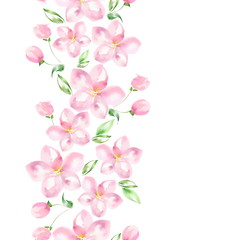 Fototapeta na wymiar Apple tree in bloom. Seamless border. Watercolor flowers.