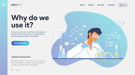 Chemist working in lab. Scientist using test tubes flat vector illustration. Chemical experiment, laboratory concept for banner, website design or landing web page