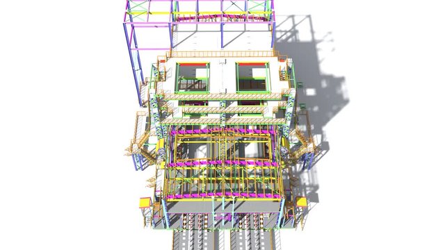Animation of a BIM model of a building structure made of metal structures made by structural engineers. 3D design project.