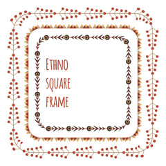 Set of square flat tribal frames from branches, flowers and berries. Natural folk herbal border. Floral vector template for invitation, greeting cards and your creativity.