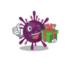 Smiley coronavirus kidney failure cartoon character having a gift box