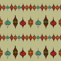 Ramadan lanterns, seamless background. Stock illustration. Cartoon style illustration.  