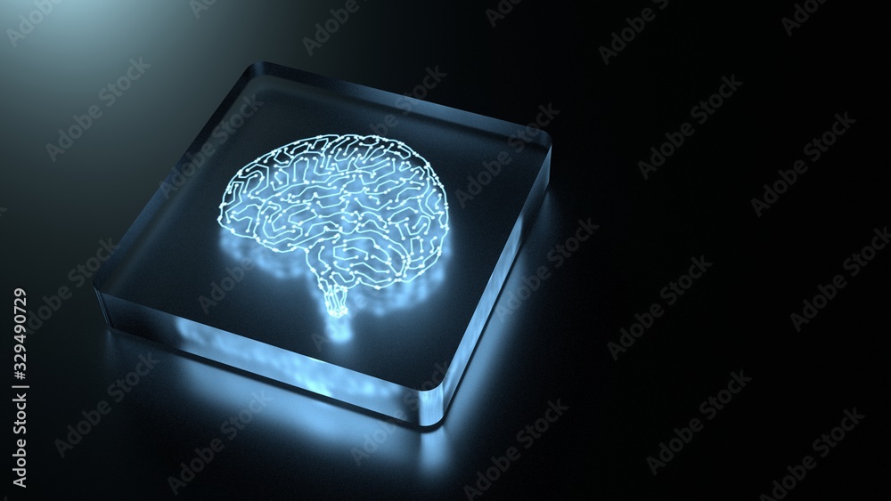Poster 3d rendering of artificial intelligence hardware concept. glowing blue brain circuit on microchip. f