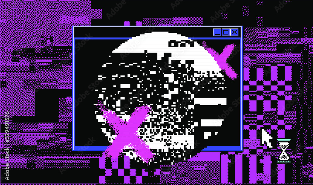 Poster Glitched screen with terminal console window. Pixel art 1-bit style.