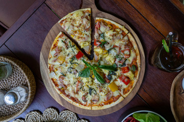 Delicious, freshly cooked pizza photographed from above.