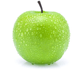green apple with water drops on white background