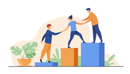 Employees giving hands and helping colleagues to walk upstairs. Team giving support, growing together. Vector illustration for teamwork, mentorship, cooperation concept - obrazy, fototapety, plakaty