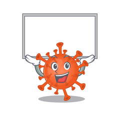 Happy cartoon character of deadly corona virus raised up board