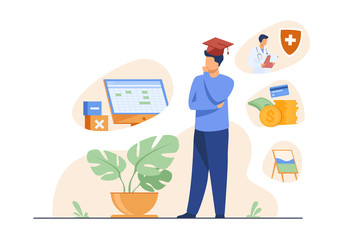 Male student choosing program in college. Young man in graduation cap thinking over future occupation. Vector illustration for opportunities, career advisor, choice concept