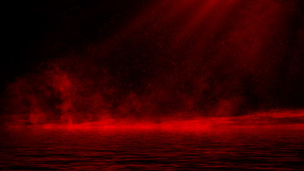 Mystical red smoke with reflection on the shore. Stock illustration background.