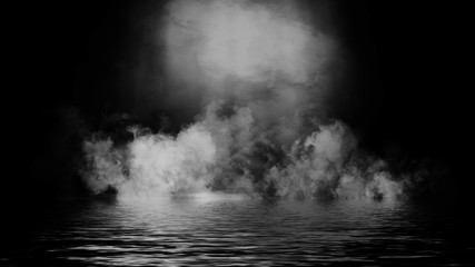 Mystery coastal fog . Smoke on the shore . Reflection in water. Texture overlays background. Stock illustration. Design element.