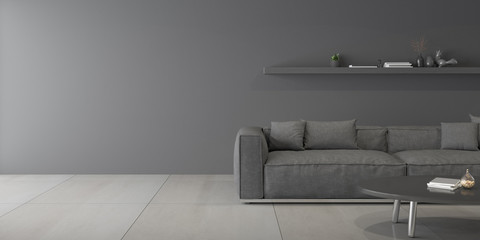 Perspective of modern luxury living room with grey sofa on dark wall, marble tile floor design,  3D rendering. - obrazy, fototapety, plakaty