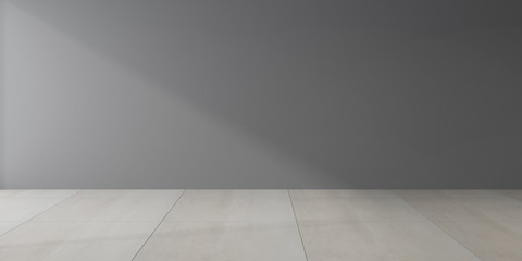 Mock-up of dark empty room and marble tile floor with sun light cast shadow on the grey wall,Perspective of minimal interior design. 3D rendering