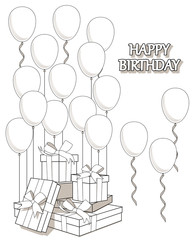 Coloring of greeting card with gifts and balloons