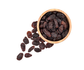 Top view of dried raisins isolated on white background.