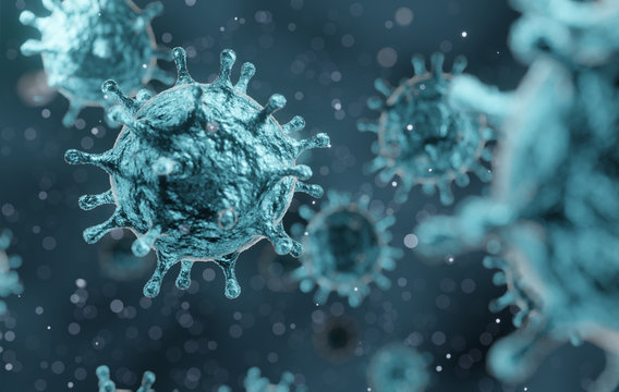 corona virus 2019-ncov flu outbreak, microscopic view of floating influenza virus cells, SARS pandemic risk concept, 3D rendering background