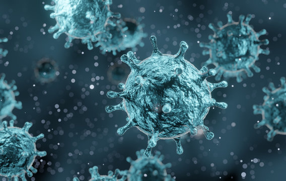 corona virus 2019-ncov flu outbreak, microscopic view of floating influenza virus cells, SARS pandemic risk concept, 3D rendering