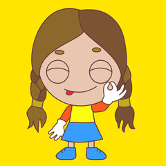 emoticon with chibi girl with yummy expression on his face showing delicious gesture with eyes closed and sticking tongue out a little to express how tasty the food is