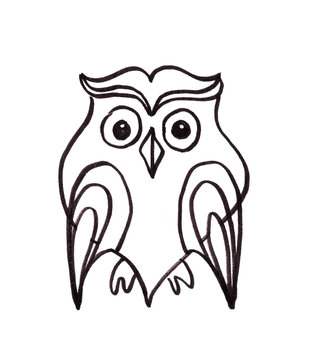 linear graphic black and white drawing owl on a white background