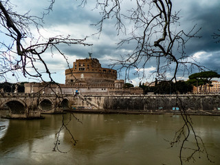 Fototapeta na wymiar View of Tiber River, Castel Sant'Angelo usually known as Mausoleum of Hadrian and Ponte Sant'Angelo in Rome, Italy