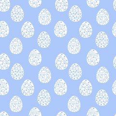 Easter seamless pattern with hand drawn eggs isolated on blue background. Vector cartoon illustration. Design for wallpaper, textile, wrapping paper, fabric