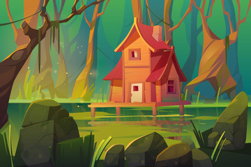 Wooden stilt house above swamp in forest. Abandoned shack stand on piles in deep wood, witch hut, computer game background, fantasy mystic nature landscape with marsh pond, Cartoon vector illustration - obrazy, fototapety, plakaty