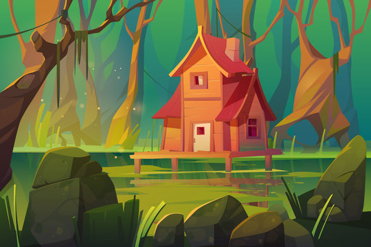 Wooden stilt house above swamp in forest. Abandoned shack stand on piles in deep wood, witch hut, computer game background, fantasy mystic nature landscape with marsh pond, Cartoon vector illustration