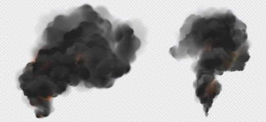Black smoke or steam trails set, factory or plant industrial smog clouds isolated on transparent background, environmental air Co2 gas pollution, emission. Realistic 3d vector illustration, clip art © klyaksun