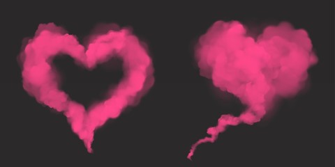 Pink smoke in heart shape. Love symbol from magic dust or powder. Vector realistic mockup of flow mist, transparent smoky stream. Design elements for Valentines day card isolated on dark background © klyaksun