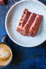 chocolate cake with cream (sweet and delicious homemade dessert, Prague cake) menu concept background. top view. copy space for text