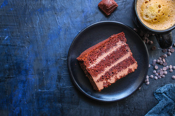 chocolate cake with cream (sweet and delicious homemade dessert, Prague cake) menu concept background. top view. copy space for text