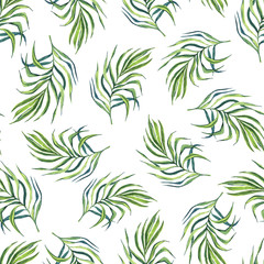 Naklejka na ściany i meble мfinished image of a seamless pattern, green palm fleece on a white background, watercolor