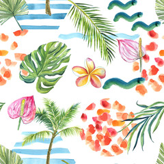 Fototapeta na wymiar finished image of a seamless pattern, palm trees, green circle, palm branch, pink Anthurium flowers, blue waves on a white background, watercolor.